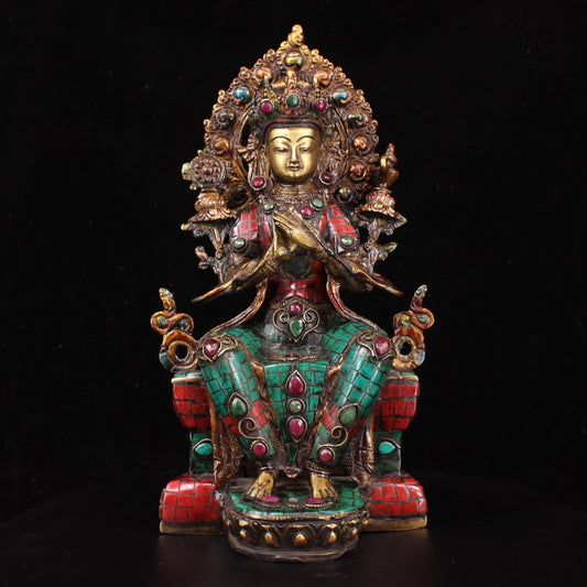 A0925 Tibetan Buddhism Gilt Gold Copper Inlay Turquoise & Gems Buddha Statue