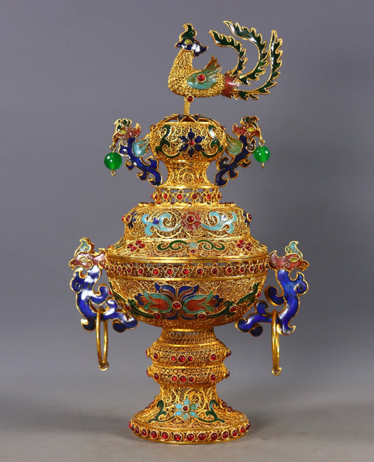 A0927 Exquisite Chinese Gold Wires Enamel Inlay Gem Phoenix Incense Burner