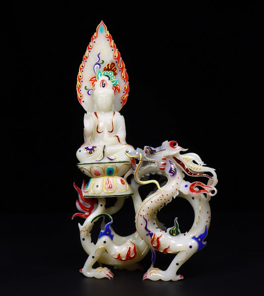 A0934 Exquisite Chinese Hetian Jade Hand Drawn Kwan-yin & Dragon Statue