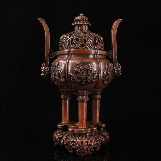 A0939 Vintage Chinese Copper Inlay Green Jade Flowers Design Incense Burner