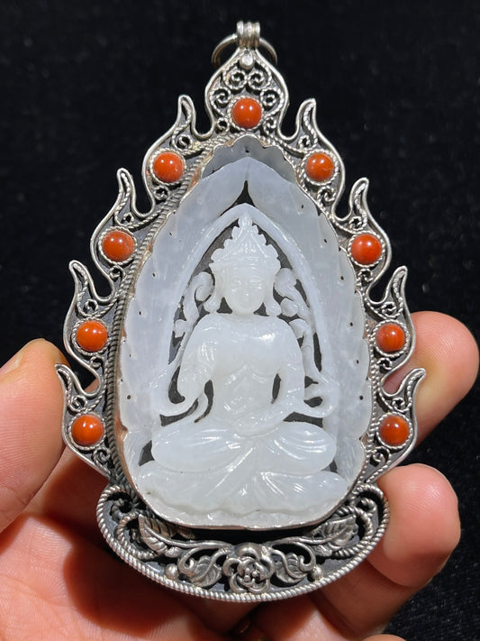 A0943 Chinese Pure Silver Inlay Hetian Jade Carved Kwan-yin Pendant