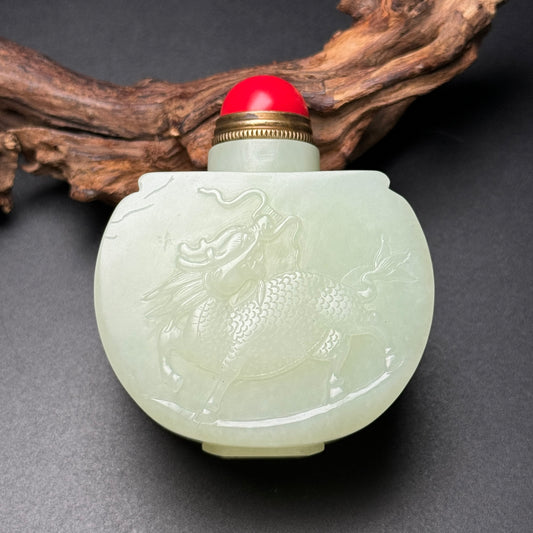 A0945 Chinese Natural Hetian Jade Low Relief Fortune Dragon Snuff Bottle