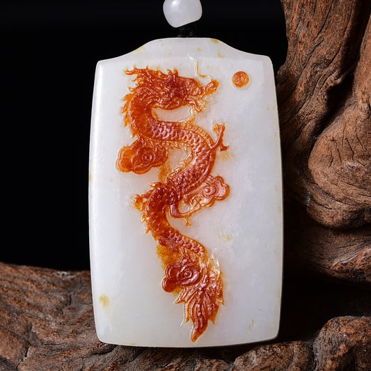 A0954 Chinese Natural Hetian Jade Low Relief Fortune Dragon Design Pendant