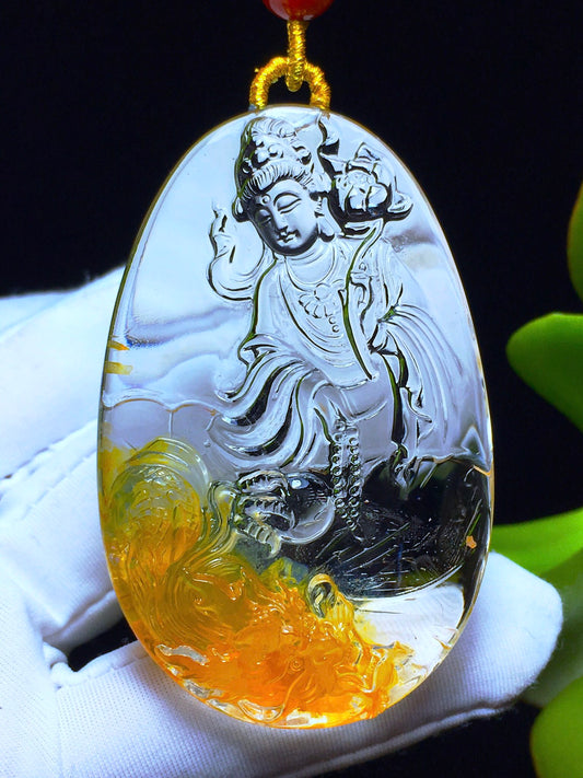 A0955 Exquisite Yellow Crystal Carved Lotus Flower Kwan-yin Pendant