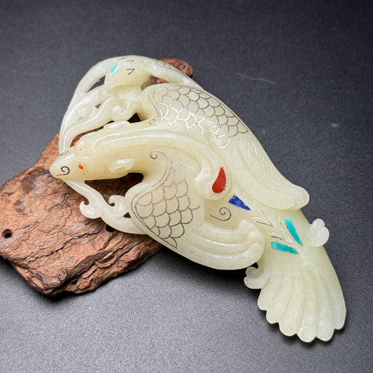 A0959 Chinese Silver Wires Inlay Hetian Jade Eagle Statue