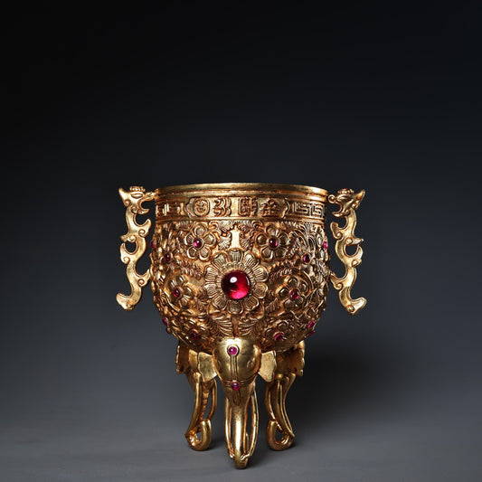 A0960 Vintage Chinese Gilt Gold Copper Inlay Gem 3 Legs Wine Cup
