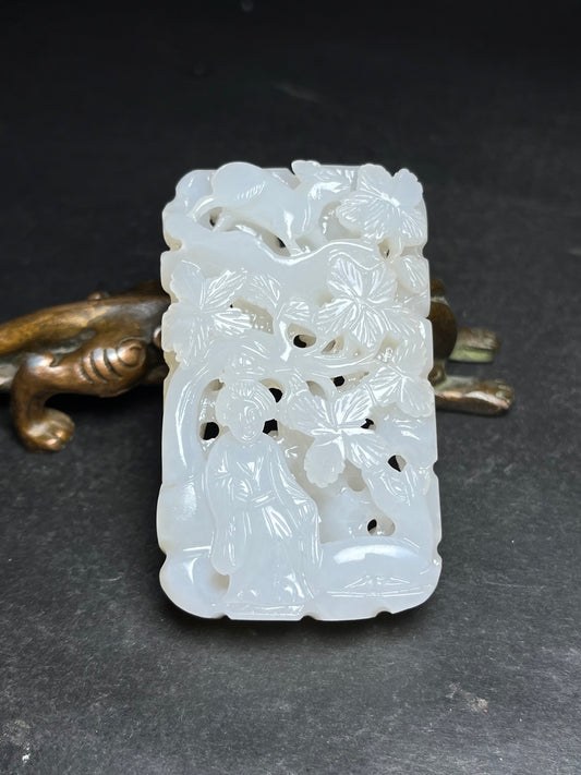A0966 Openwork Chinese Hetian Jade Carved Figure Pendant
