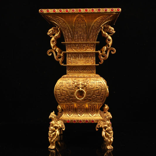 A0967 Vintage Chinese Gilt Gold Copper Inlay Gem Divine Beast Vase