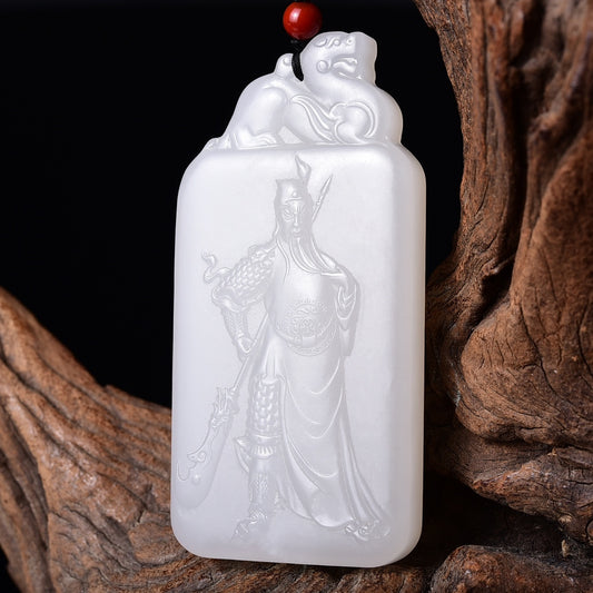 A0968 Superb Chinese White Hetian Jade Carved General Guangong Pendant w Certificate
