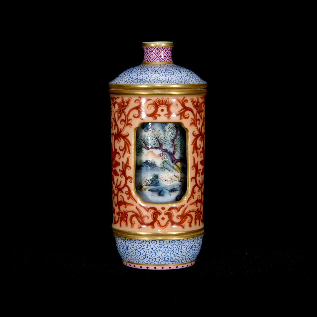 A0969 Chinese Qing Dynasty Gilt Edge Famille Rose Mountain River Scene Design Turn Heart Porcelain Snuff Bottle