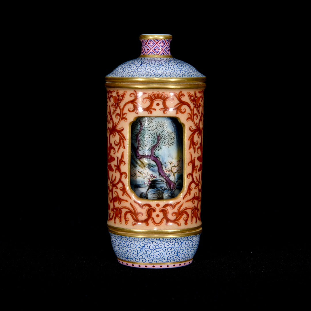 A0969 Chinese Qing Dynasty Gilt Edge Famille Rose Mountain River Scene Design Turn Heart Porcelain Snuff Bottle