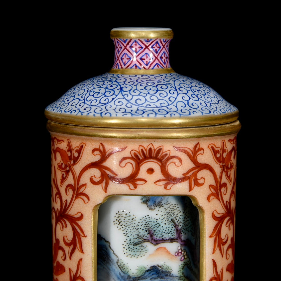 A0969 Chinese Qing Dynasty Gilt Edge Famille Rose Mountain River Scene Design Turn Heart Porcelain Snuff Bottle