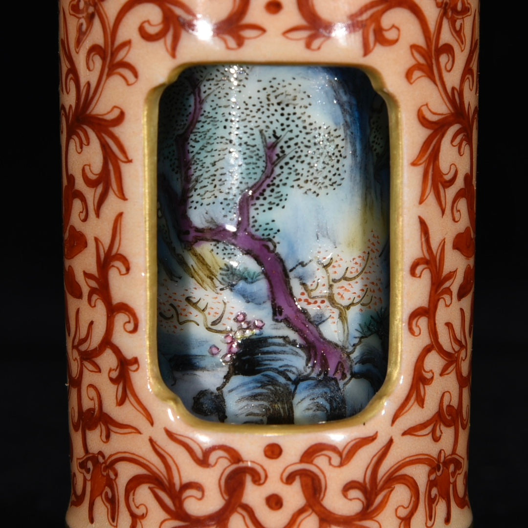 A0969 Chinese Qing Dynasty Gilt Edge Famille Rose Mountain River Scene Design Turn Heart Porcelain Snuff Bottle