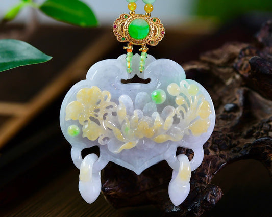A0974 Exquisite Jadeite Carved Butterfly & Peony Pendant w Beads Necklace