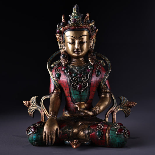 A0975 Tibetan Buddhism Gilt Gold Copper Inlay Turquoise & Gems Buddha Statue