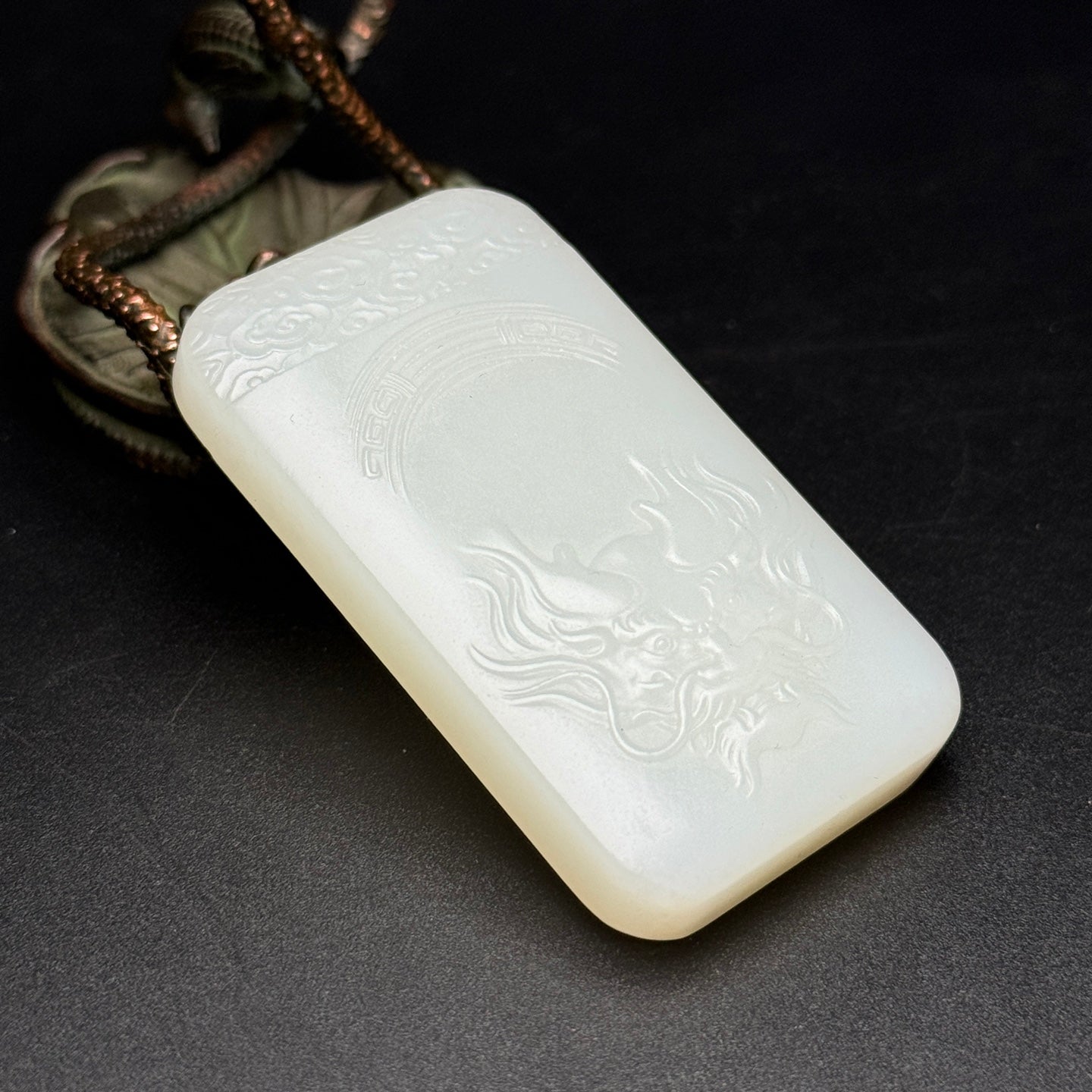 A0976 Chinese Natural Hetian Jade Low Relief Fortune Dragon Design Pendant
