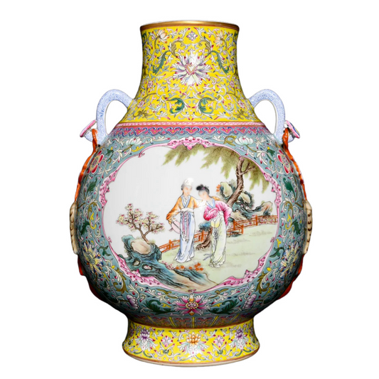 A0983 Chinese Qing Dynasty Gilt Edge Famille Rose Beautiful WomanDesign Porcelain Vase