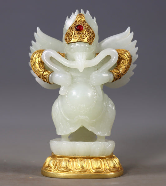 A0985 Superb Chinese Inlaying Gold Edge Hetian Jade Sun God Statue