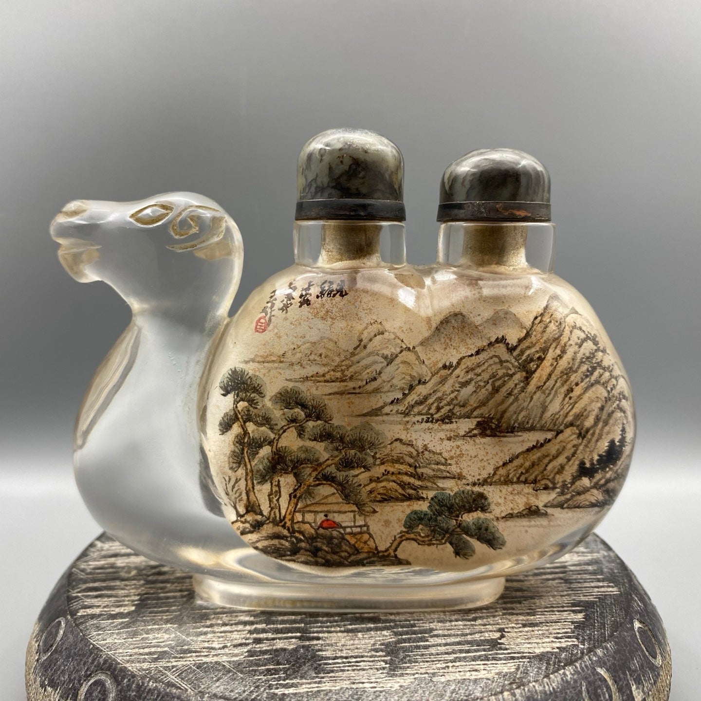 A0986 Old Chinese Peking Glass Inside Painting Mountain River Scene Design Snuff Bottle w Stopper