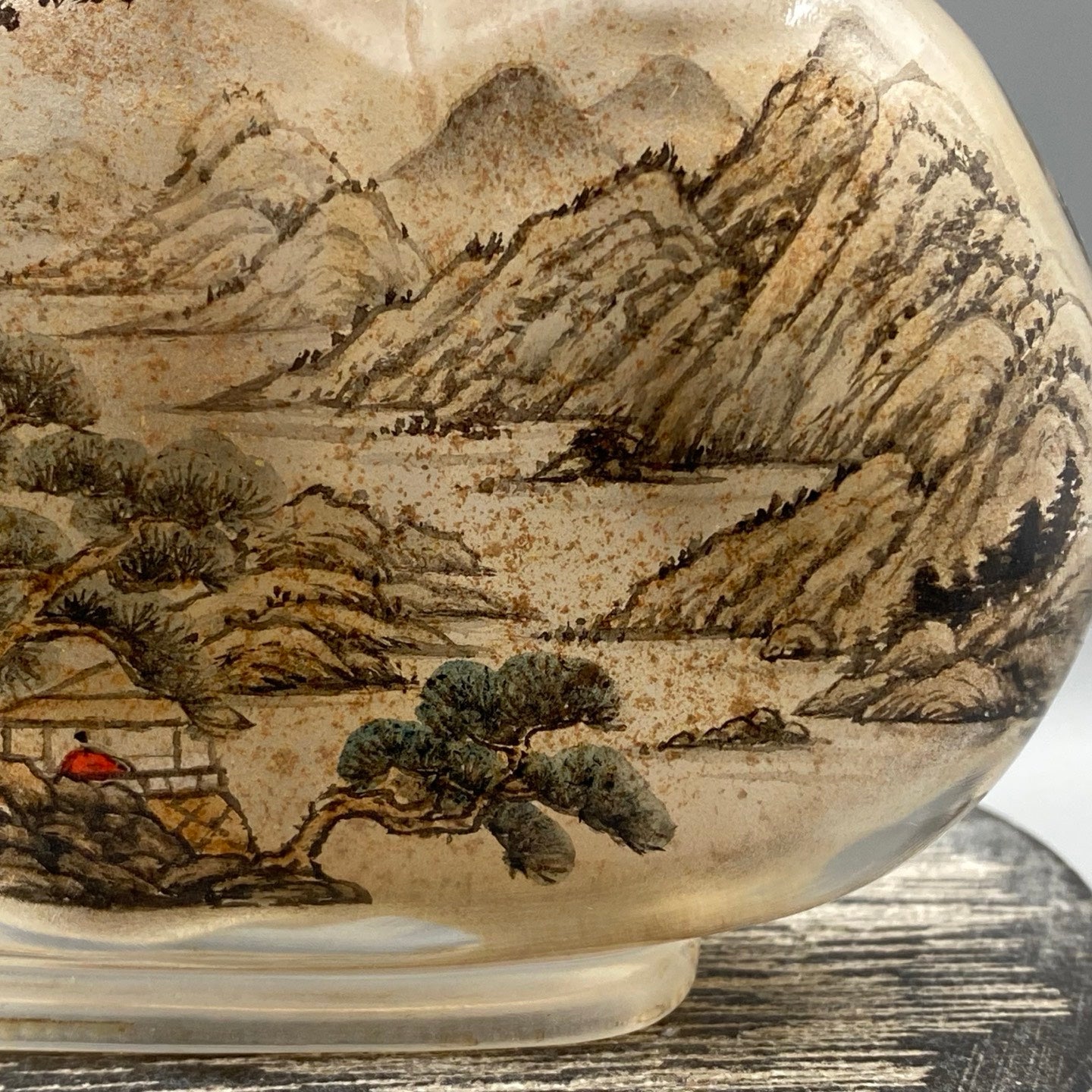 A0986 Old Chinese Peking Glass Inside Painting Mountain River Scene Design Snuff Bottle w Stopper