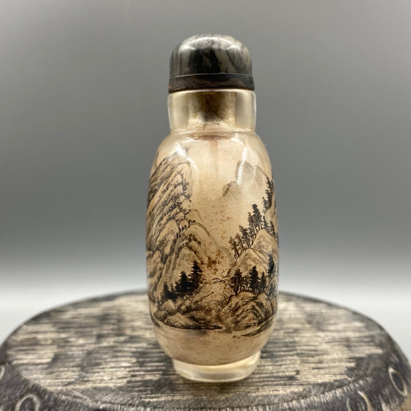 A0986 Old Chinese Peking Glass Inside Painting Mountain River Scene Design Snuff Bottle w Stopper