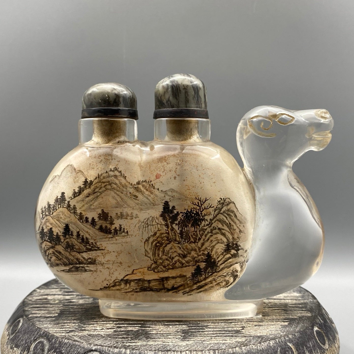 A0986 Old Chinese Peking Glass Inside Painting Mountain River Scene Design Snuff Bottle w Stopper