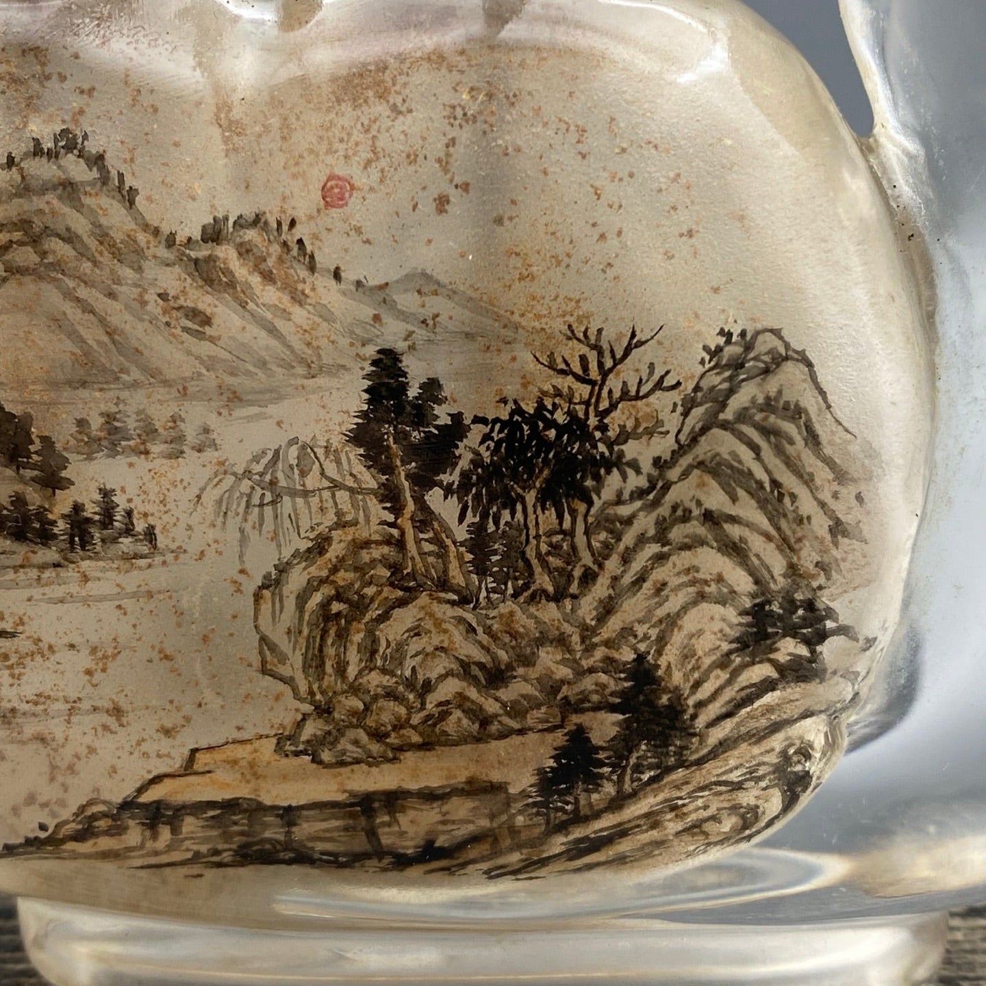 A0986 Old Chinese Peking Glass Inside Painting Mountain River Scene Design Snuff Bottle w Stopper