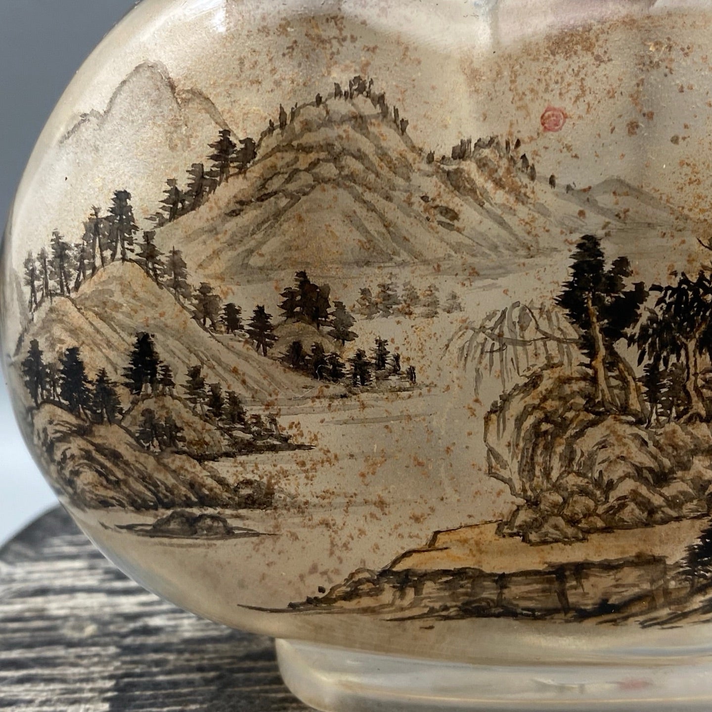 A0986 Old Chinese Peking Glass Inside Painting Mountain River Scene Design Snuff Bottle w Stopper