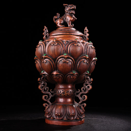 A0988 Vintage Chinese Copper Inlay Gem Fortune Lion & Lotus Flower Incense Burner