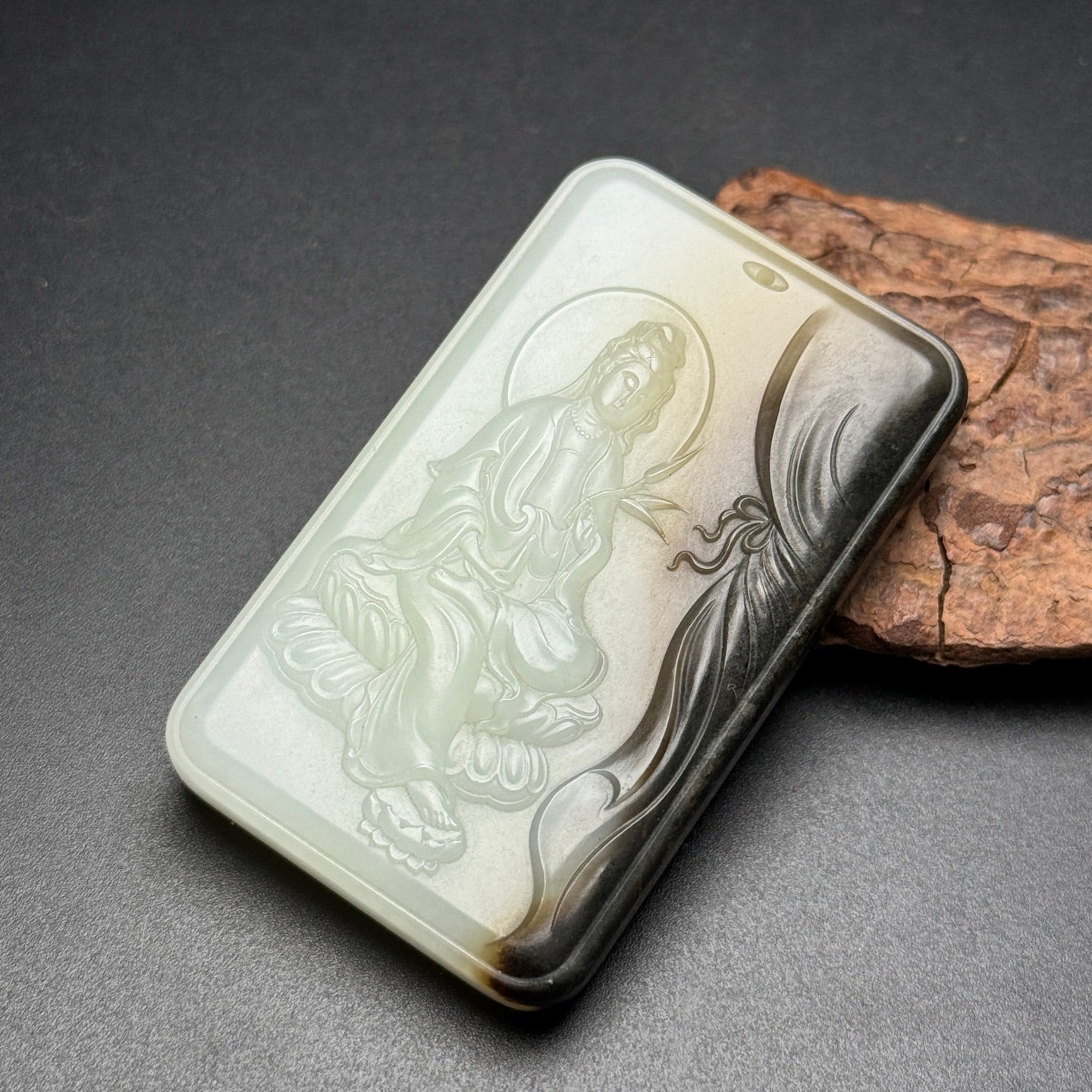 A0990 Chinese Natural Hetian Jade Low Relief Kwan-yin Pendant