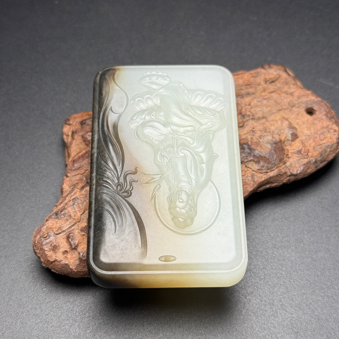 A0990 Chinese Natural Hetian Jade Low Relief Kwan-yin Pendant