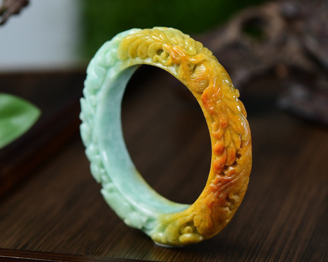 A0993 Exquisite Jadeite Carved Phoenix & Peony Bracelet