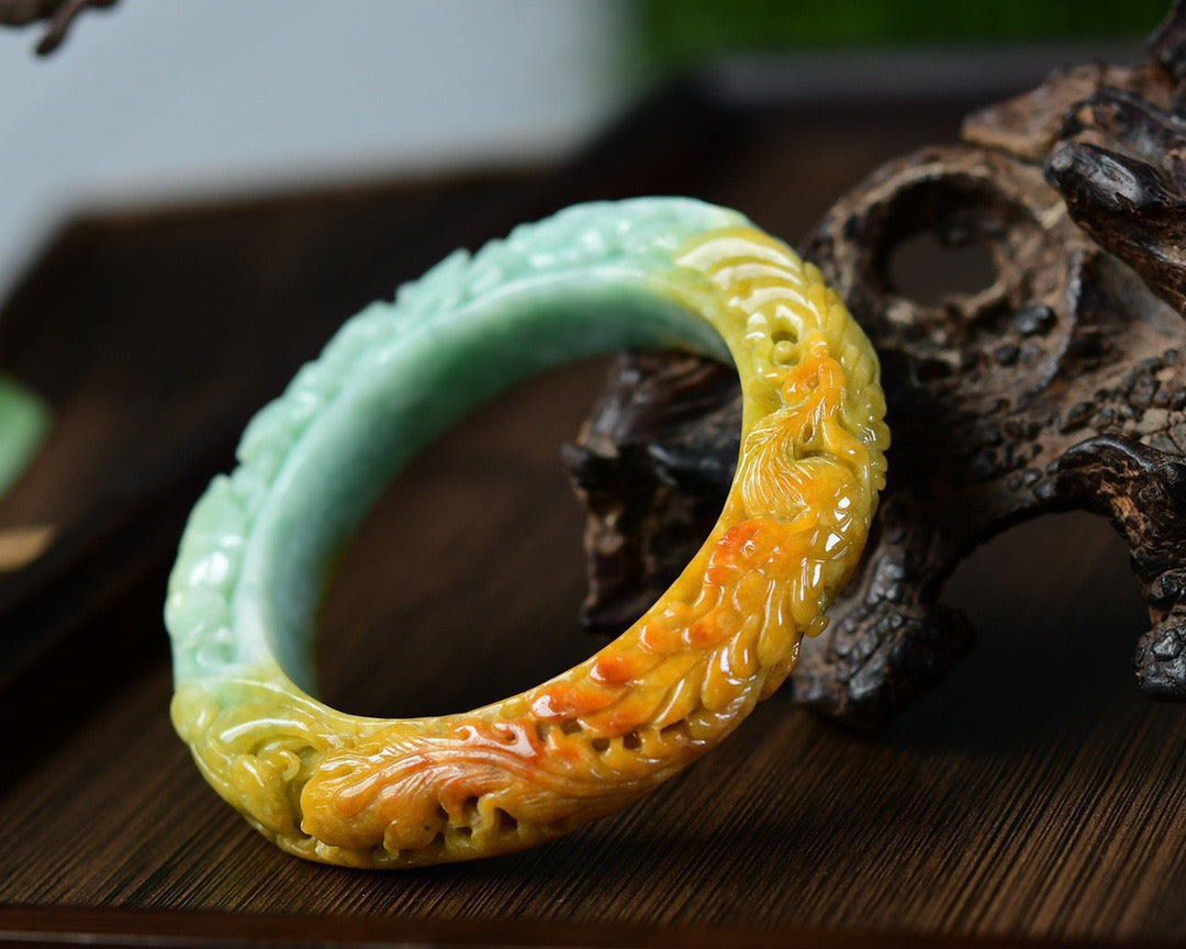 A0993 Exquisite Jadeite Carved Phoenix & Peony Bracelet