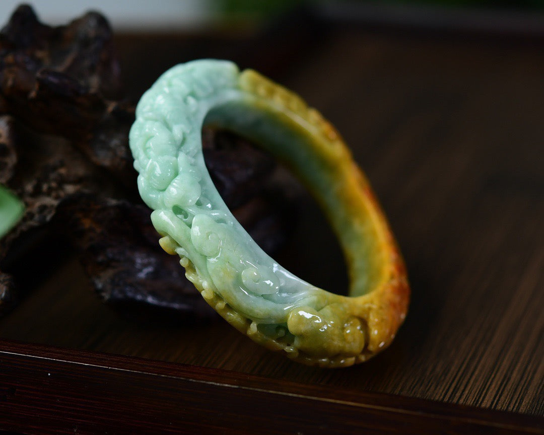 A0993 Exquisite Jadeite Carved Phoenix & Peony Bracelet