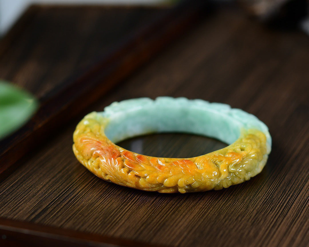 A0993 Exquisite Jadeite Carved Phoenix & Peony Bracelet