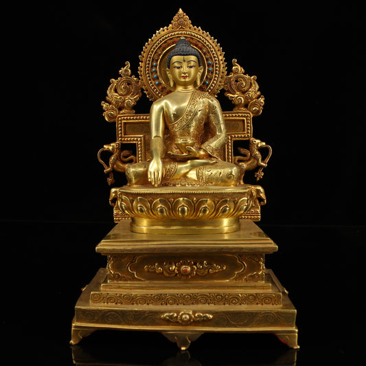 A0995 Exquisite Gilt Gold Copper Inlay Gems Siddhartha Buddha Statue