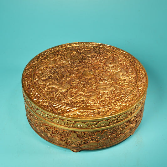 A0998 Vintage Chinese Gilt Gold Copper Low Relief Nine Dragon Jewellery Box