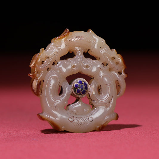 A1002 Openwork Chinese Hetian Jade Inlay Peking Glass Fortune Dragon Pendant