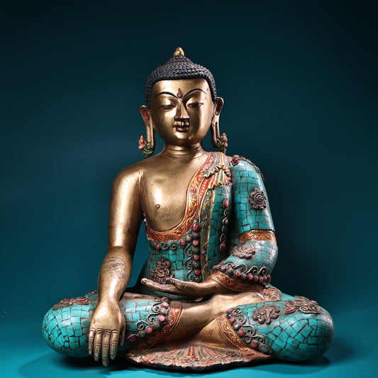 A1004 Tibetan Buddhism Gilt Gold Copper Inlay Turquoise & Gems Siddhartha Buddha Statue