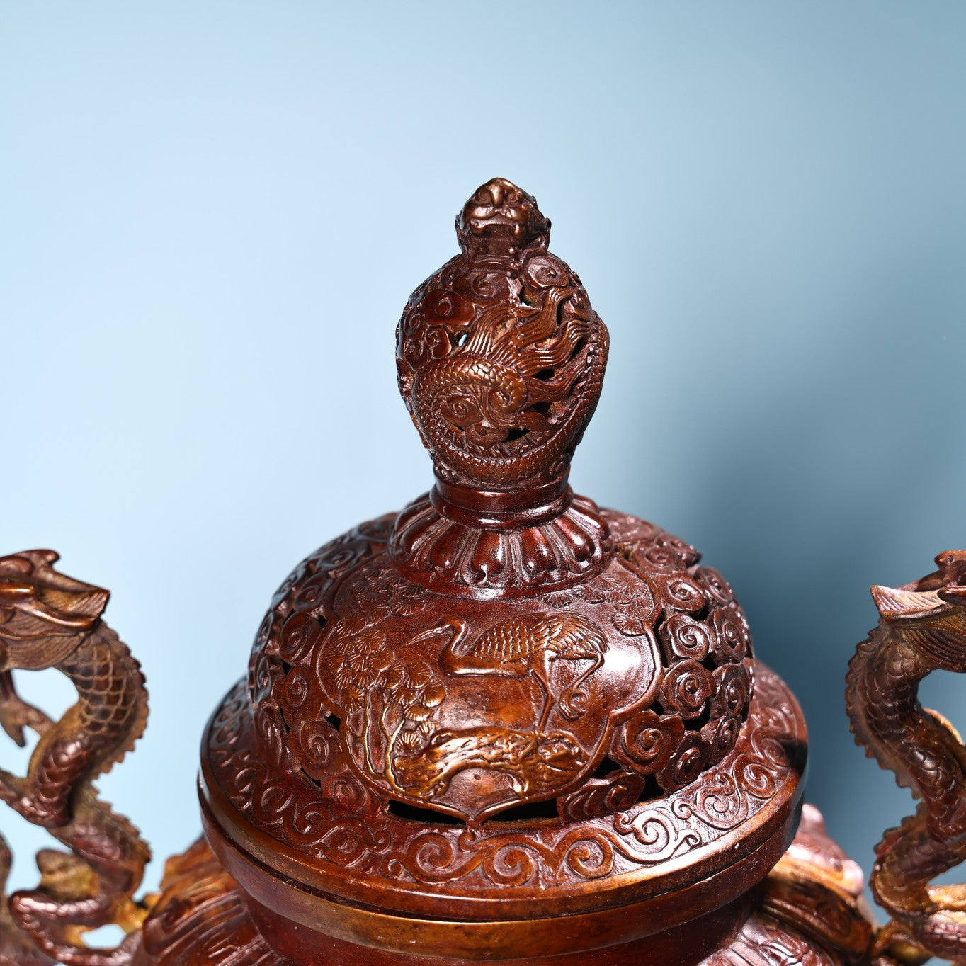 A1007 Vintage Chinese Copper Double Ears Fortune Dragon & Crane Incense Burner