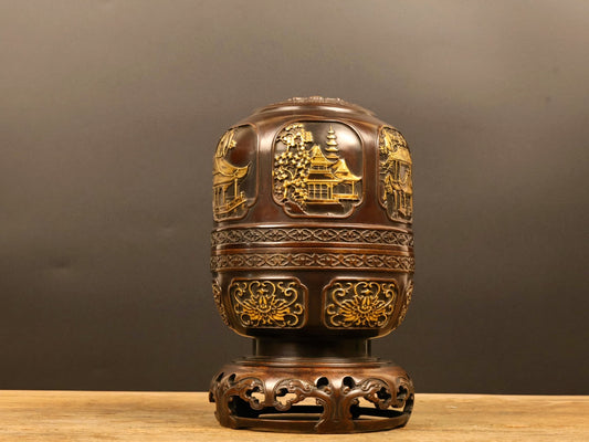 A1011 Chinese Gilt Gold Copper Idyllic Scenery Design Incense Burner