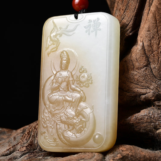 A1013 Superb Chinese Hetian Jade Carved Dragon & Kwan-yin Pendant w Certificate