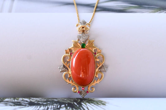 A1018 High Quality 18K Gold Inlay Red Coral & Jadeite & Diamond Lucky Pendant