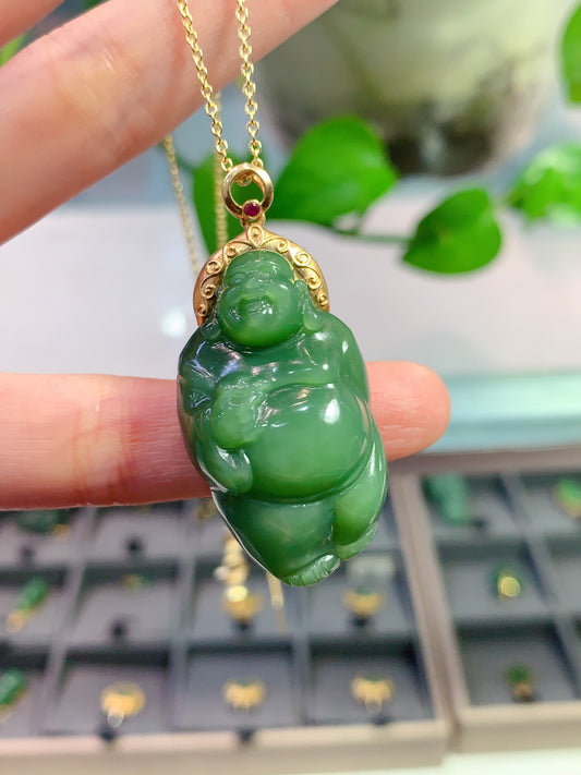 A1020 Exquisite 18K Gold Inlay Green Hetian Jade Carved Laughing Buddha Pendant