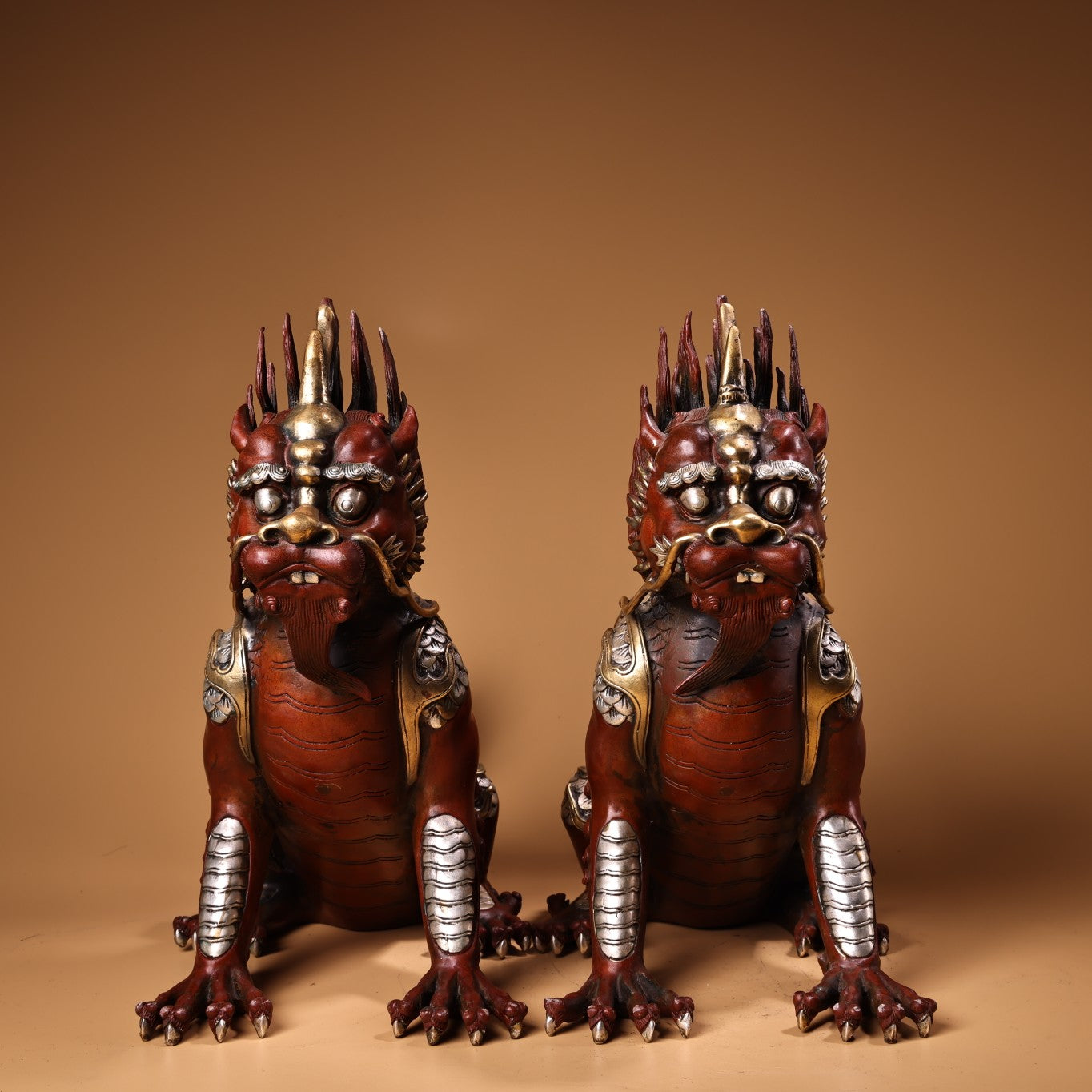 A1027 A Pair Chinese Silver Plated Gilt Gold Copper Fortune Kylin Statues