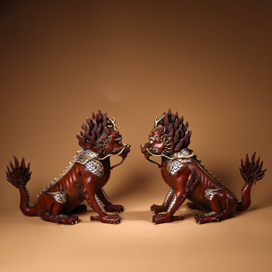 A1027 A Pair Chinese Silver Plated Gilt Gold Copper Fortune Kylin Statues