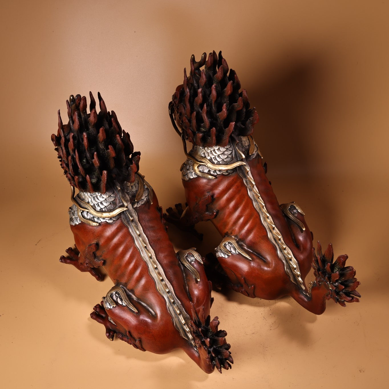 A1027 A Pair Chinese Silver Plated Gilt Gold Copper Fortune Kylin Statues