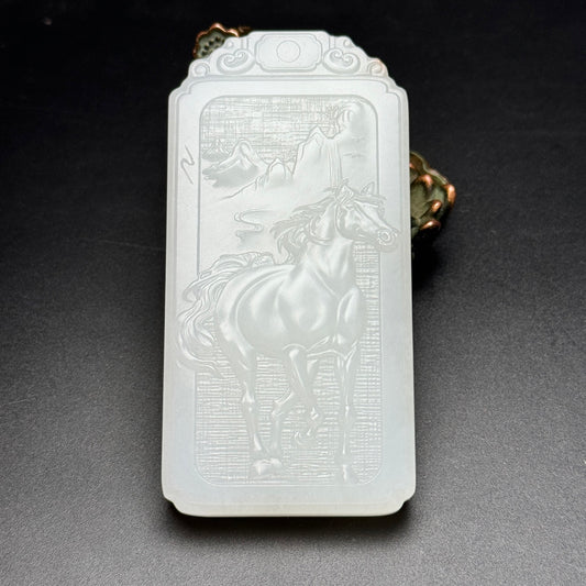 A1034 Chinese Natural White Hetian Jade Low Relief Fortune Horse Pendant