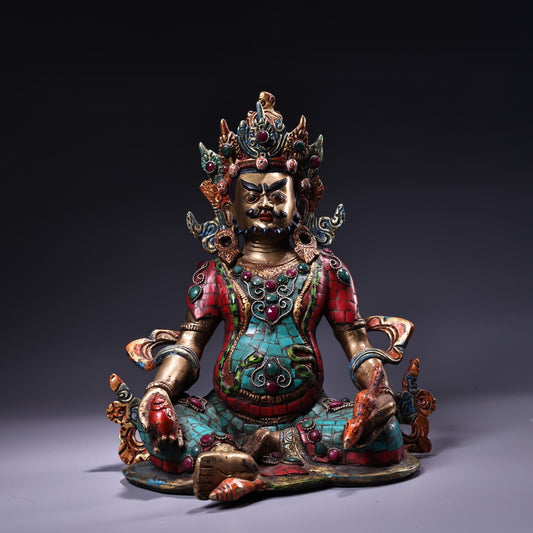 A1036 Tibetan Buddhism Gilt Gold Copper Inlay Turquoise & Gems Yellow Jambhala Statue