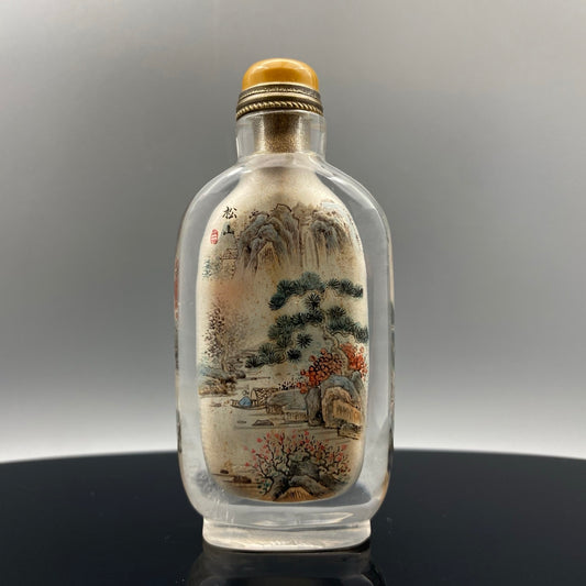 A1041 Old Chinese Peking Glass Inside Painting Mountain River Scene Design Snuff Bottle w Stopper